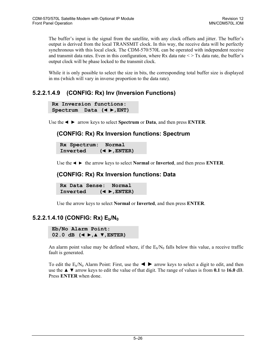 9 (config: rx) inv (inversion functions), 10 (config: rx) eb/n0, Config: rx) rx inversion functions: spectrum | Config: rx) rx inversion functions: data, 10 (config: rx) e | Comtech EF Data CDM-570 User Manual | Page 112 / 512