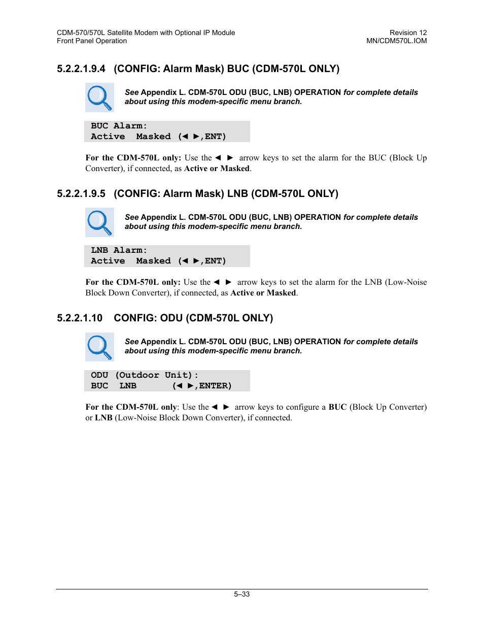 4 (config: alarm mask) buc (cdm-570l only), 5 (config: alarm mask) lnb (cdm-570l only), 10 config: odu (cdm-570l only) | Comtech EF Data CDM-570 User Manual | Page 119 / 512
