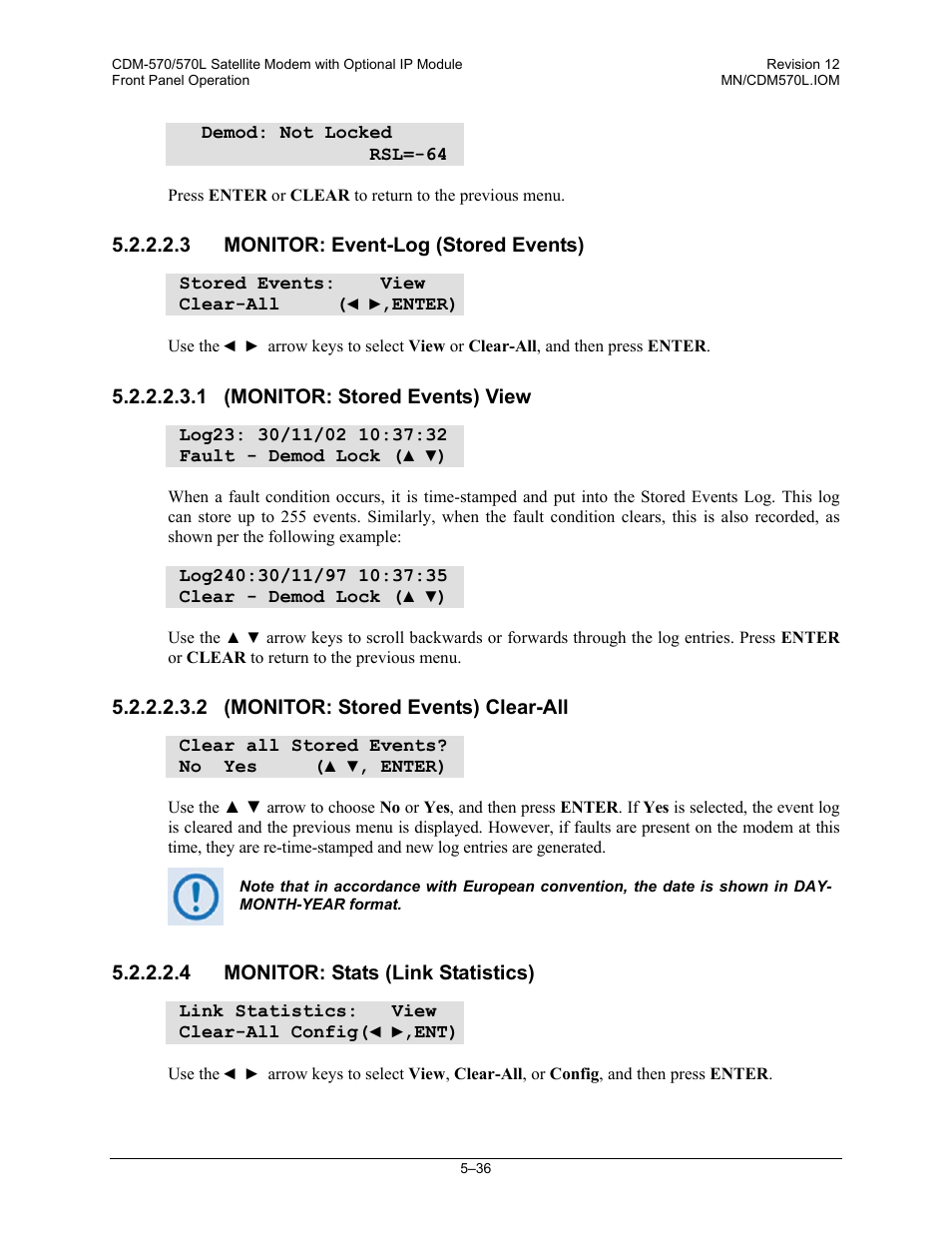 3 monitor: event-log (stored events), 1 (monitor: stored events) view, 2 (monitor: stored events) clear-all | 4 monitor: stats (link statistics) | Comtech EF Data CDM-570 User Manual | Page 122 / 512