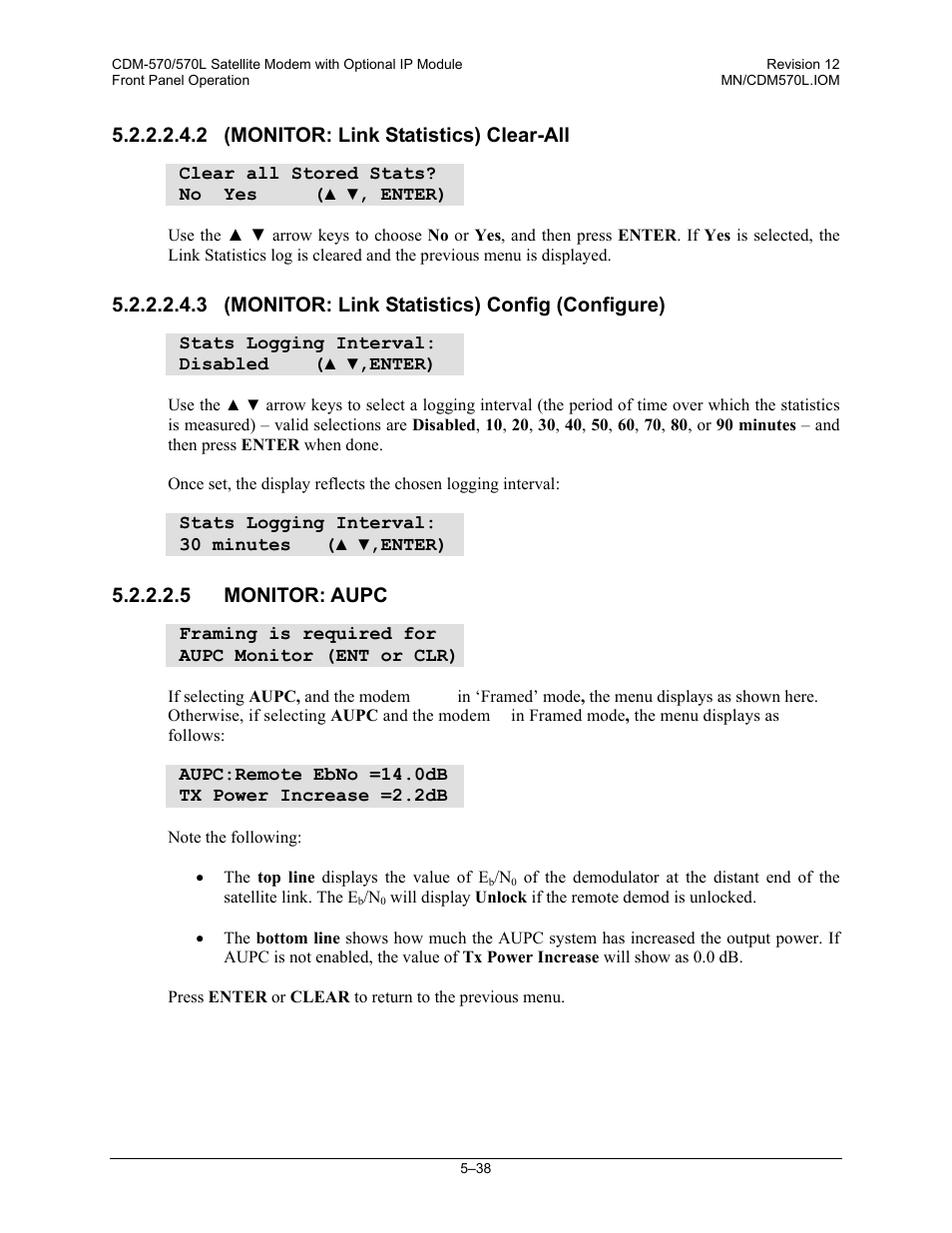2 (monitor: link statistics) clear-all, 3 (monitor: link statistics) config (configure), 5 monitor: aupc | Comtech EF Data CDM-570 User Manual | Page 124 / 512