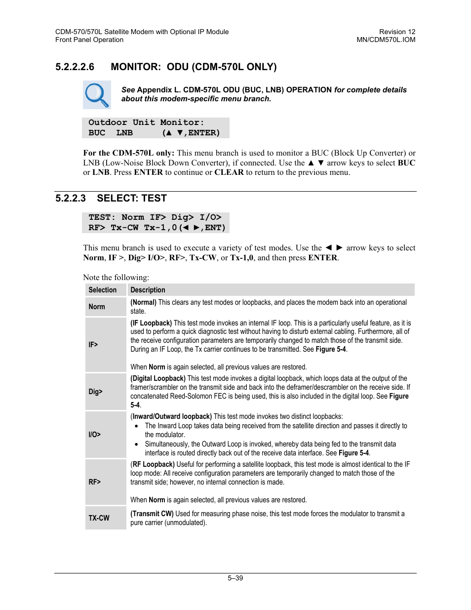 6 monitor: odu (cdm-570l only), 3 select: test | Comtech EF Data CDM-570 User Manual | Page 125 / 512