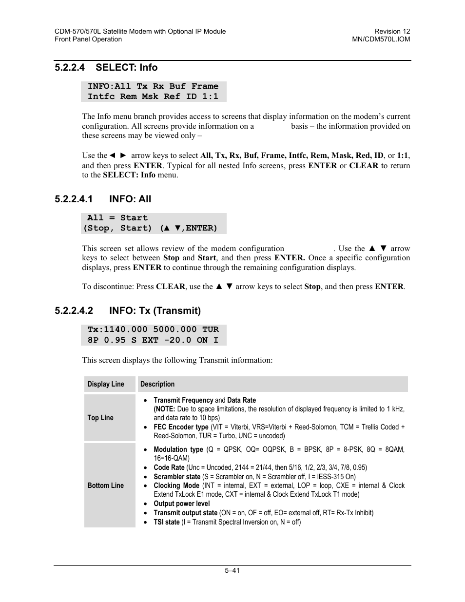 4 select: info, 1 info: all, 2 info: tx (transmit) | Comtech EF Data CDM-570 User Manual | Page 127 / 512