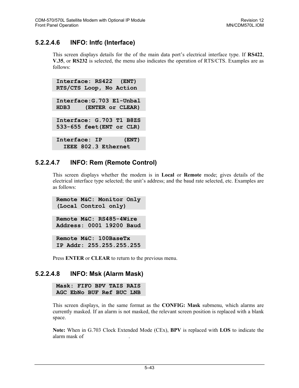 6 info: intfc (interface), 7 info: rem (remote control), 8 info: msk (alarm mask) | Comtech EF Data CDM-570 User Manual | Page 129 / 512