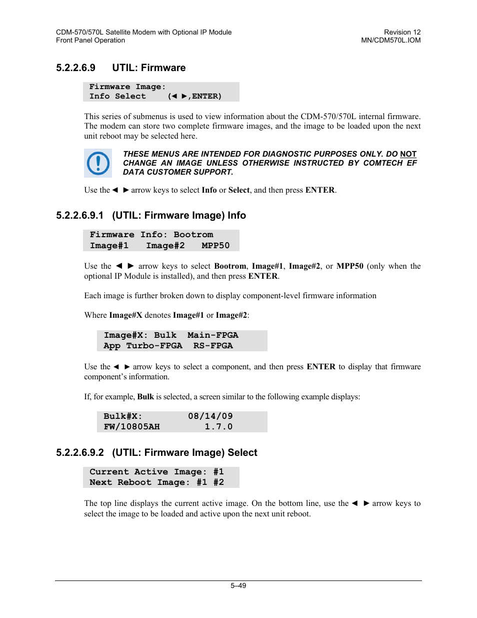 9 util: firmware, 1 (util: firmware image) info, 2 (util: firmware image) select | Comtech EF Data CDM-570 User Manual | Page 135 / 512