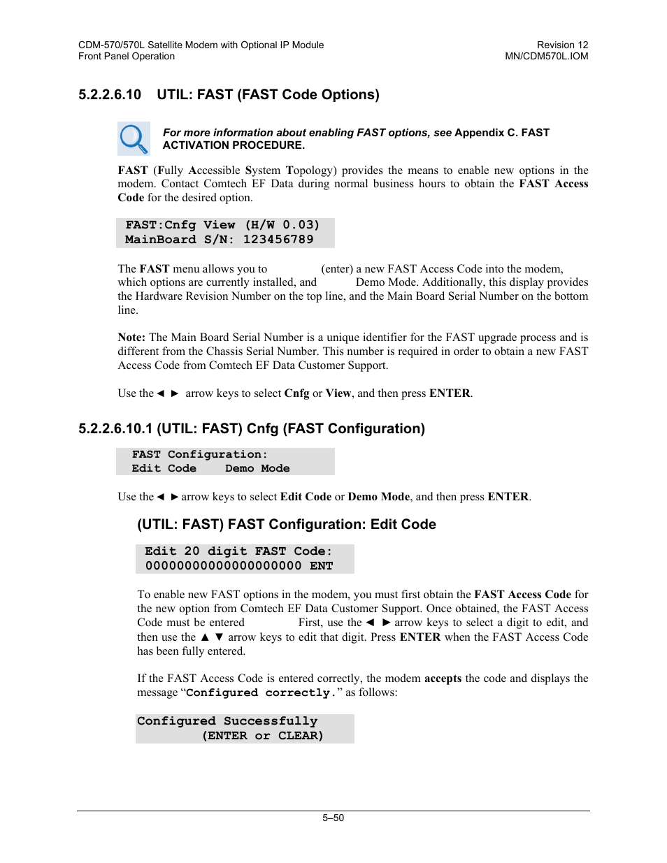 10 util: fast (fast code options), 1 (util: fast) cnfg (fast configuration) | Comtech EF Data CDM-570 User Manual | Page 136 / 512