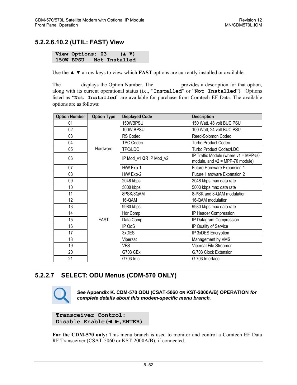 2 (util: fast) view, 7 select: odu menus (cdm-570 only) | Comtech EF Data CDM-570 User Manual | Page 138 / 512