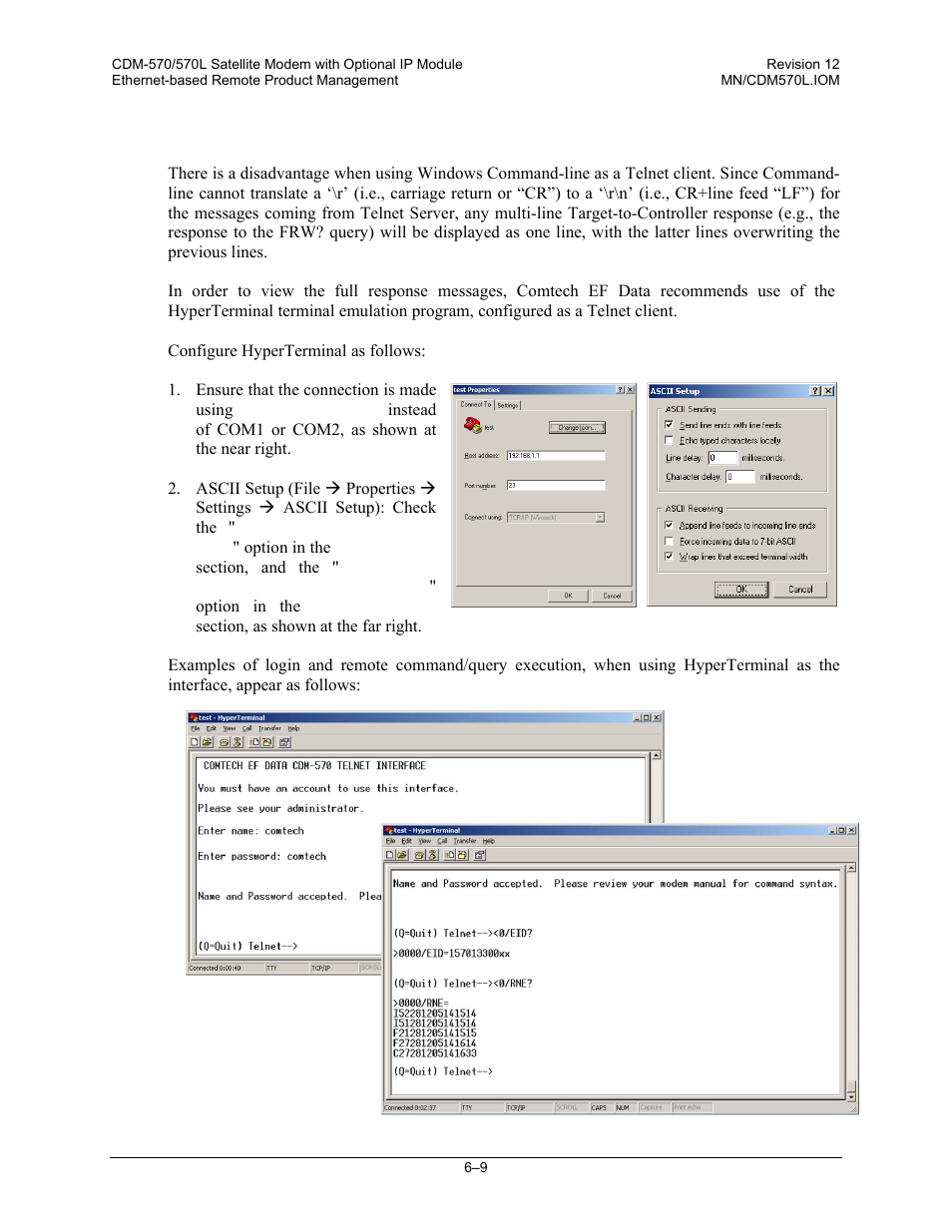 1 telnet operation via hyperterminal | Comtech EF Data CDM-570 User Manual | Page 147 / 512