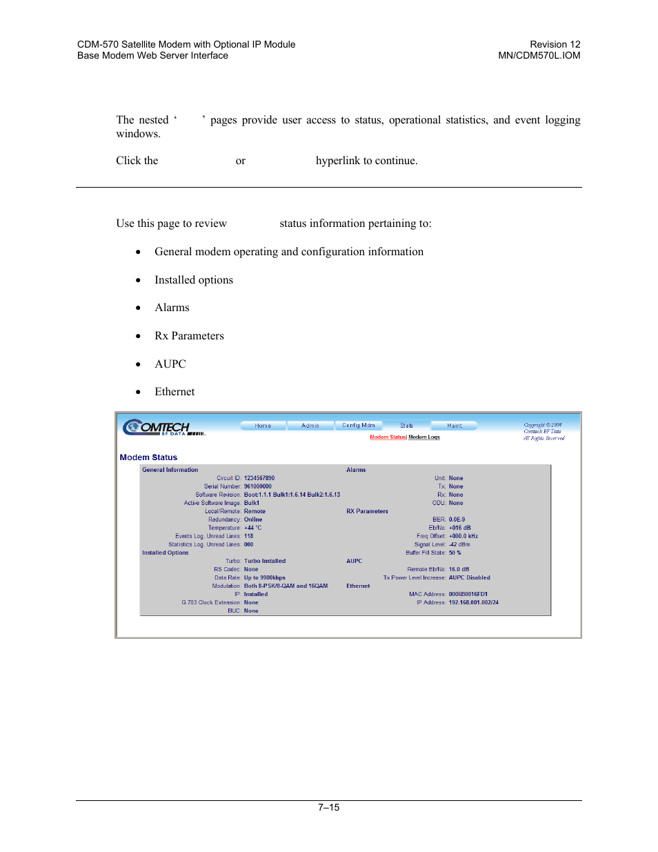 1 stats | modem status | Comtech EF Data CDM-570 User Manual | Page 163 / 512