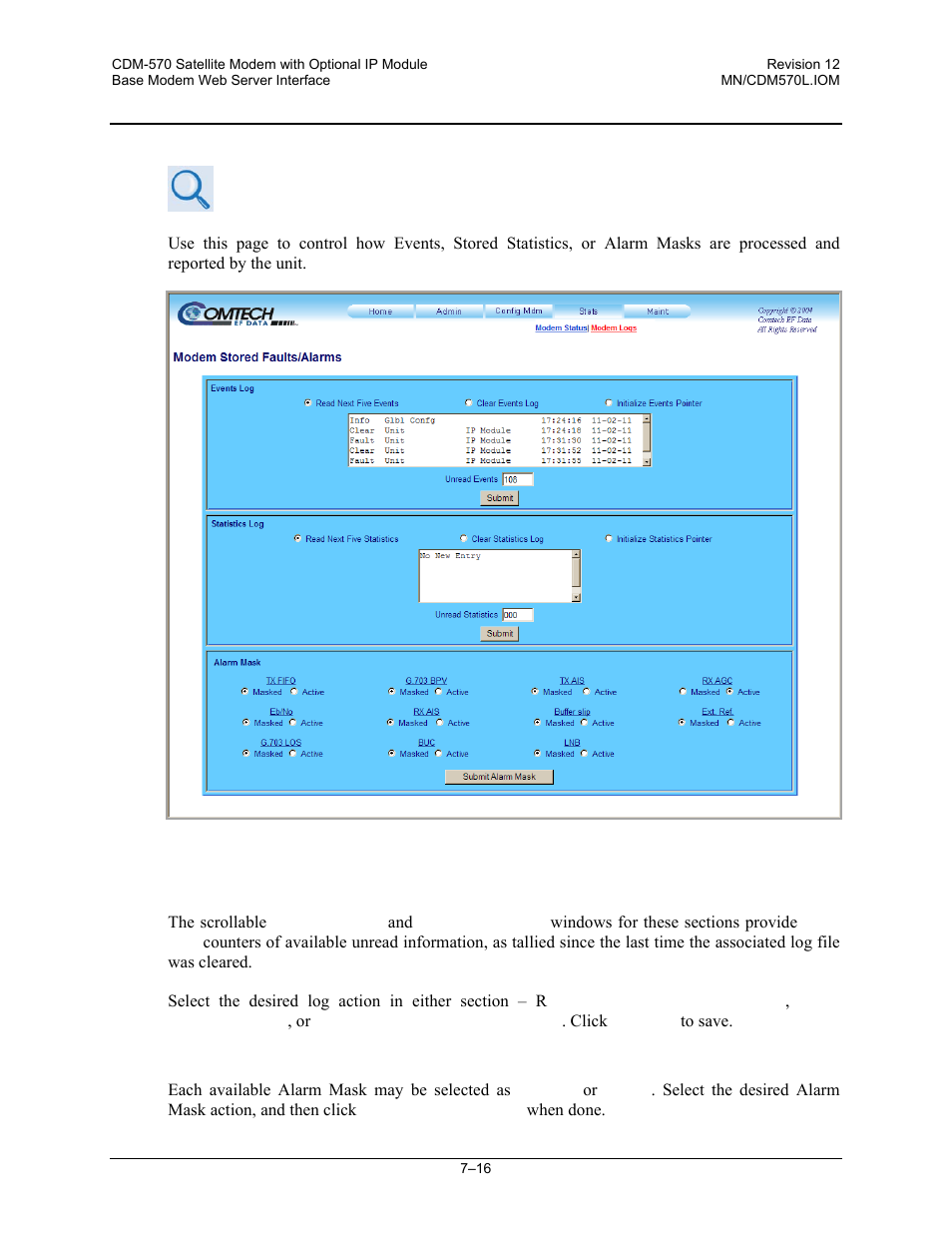 2 stats | modem logs | Comtech EF Data CDM-570 User Manual | Page 164 / 512