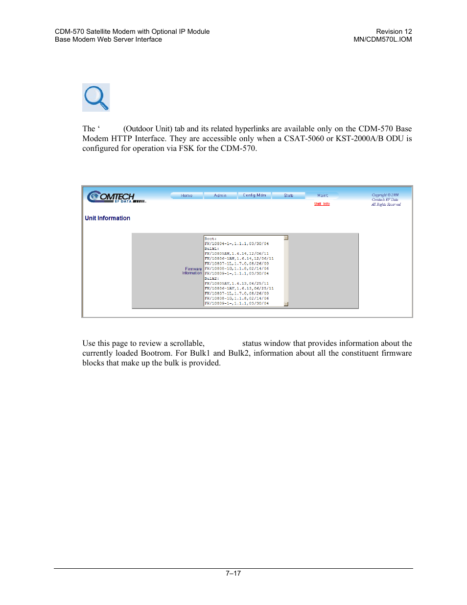 5 odu (outdoor unit) pages, 6 maint (maintenance) | unit info page | Comtech EF Data CDM-570 User Manual | Page 165 / 512