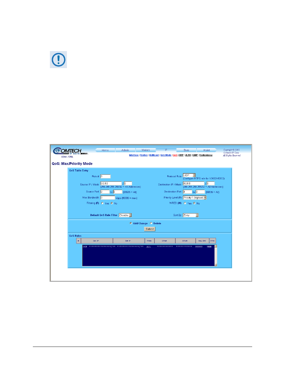 1 ip | qos (maximum bandwidth/priority mode), 5 ip | qos (quality of service) page | Comtech EF Data CDM-570 User Manual | Page 251 / 512