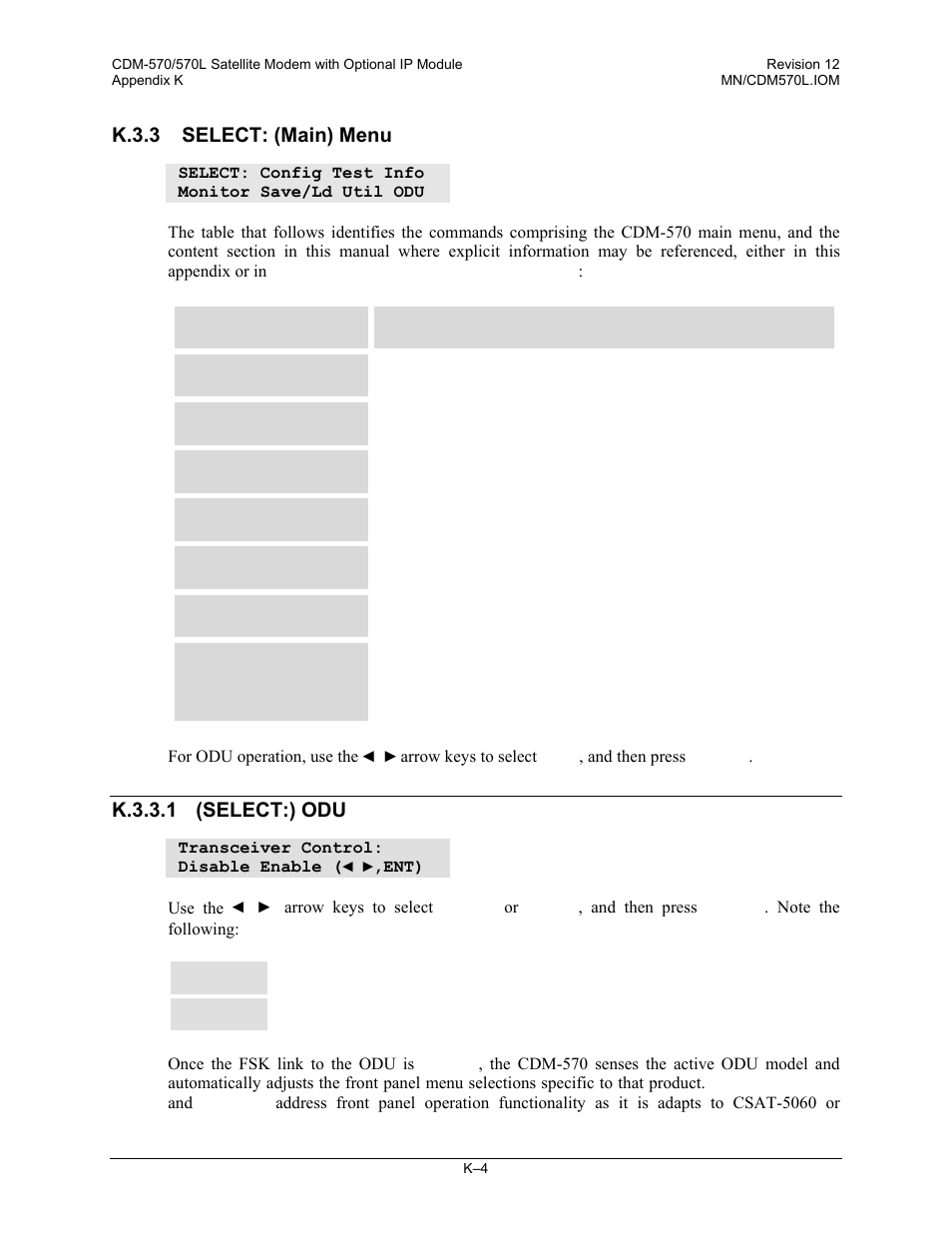 K.3.3 select: (main) menu, K.3.3.1 (select:) odu | Comtech EF Data CDM-570 User Manual | Page 466 / 512