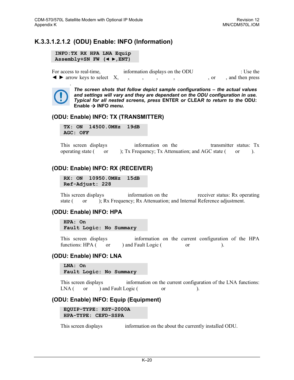 K.3.3.1.2.1.2 (odu) enable: info (information) | Comtech EF Data CDM-570 User Manual | Page 482 / 512