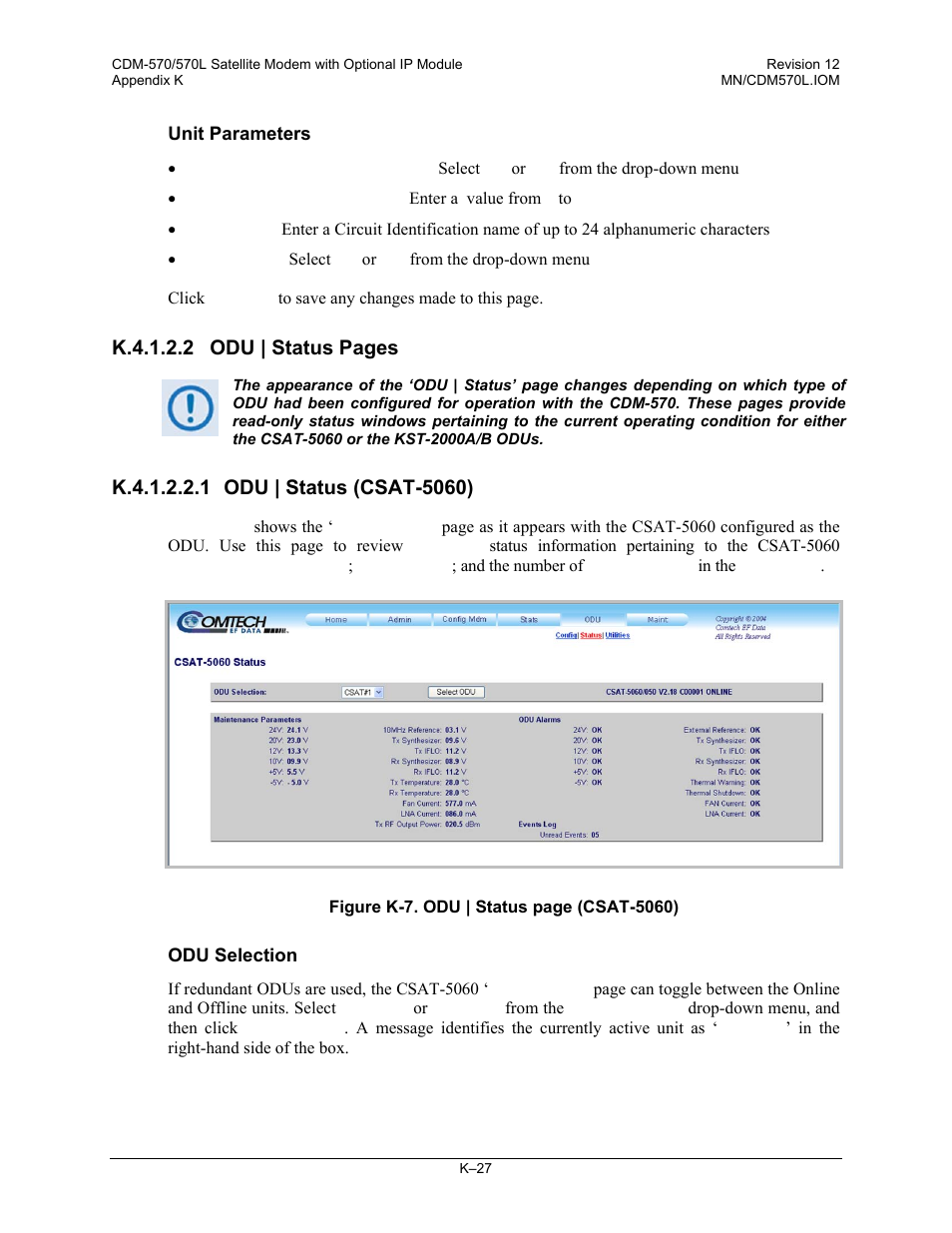 K.4.1.2.2.1 odu | status (csat-5060), K.4.1.2.2 odu | status pages | Comtech EF Data CDM-570 User Manual | Page 489 / 512