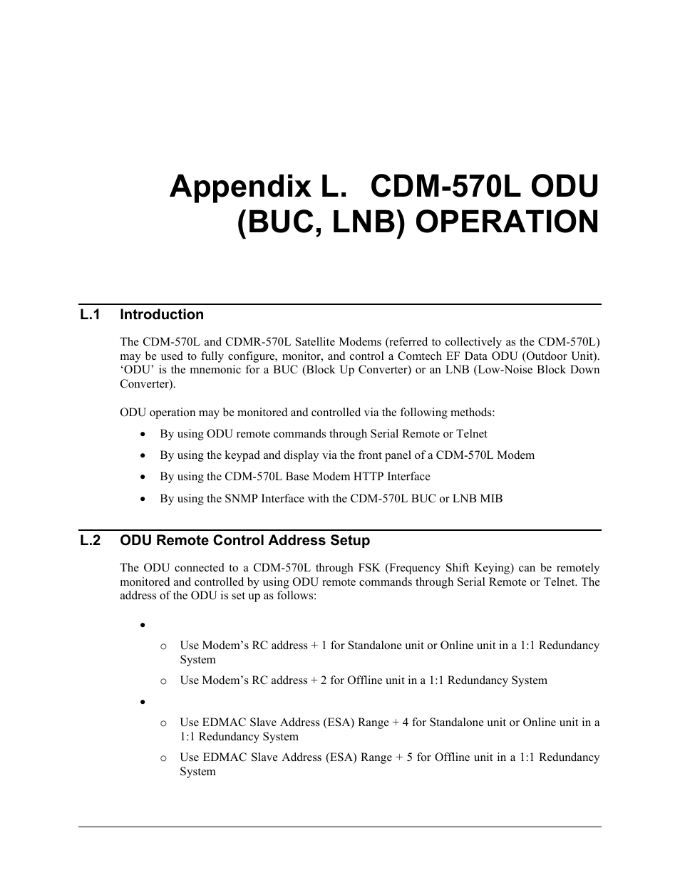 Appendix l. cdm-570l odu (buc, lnb) operation, L.1 introduction | Comtech EF Data CDM-570 User Manual | Page 493 / 512