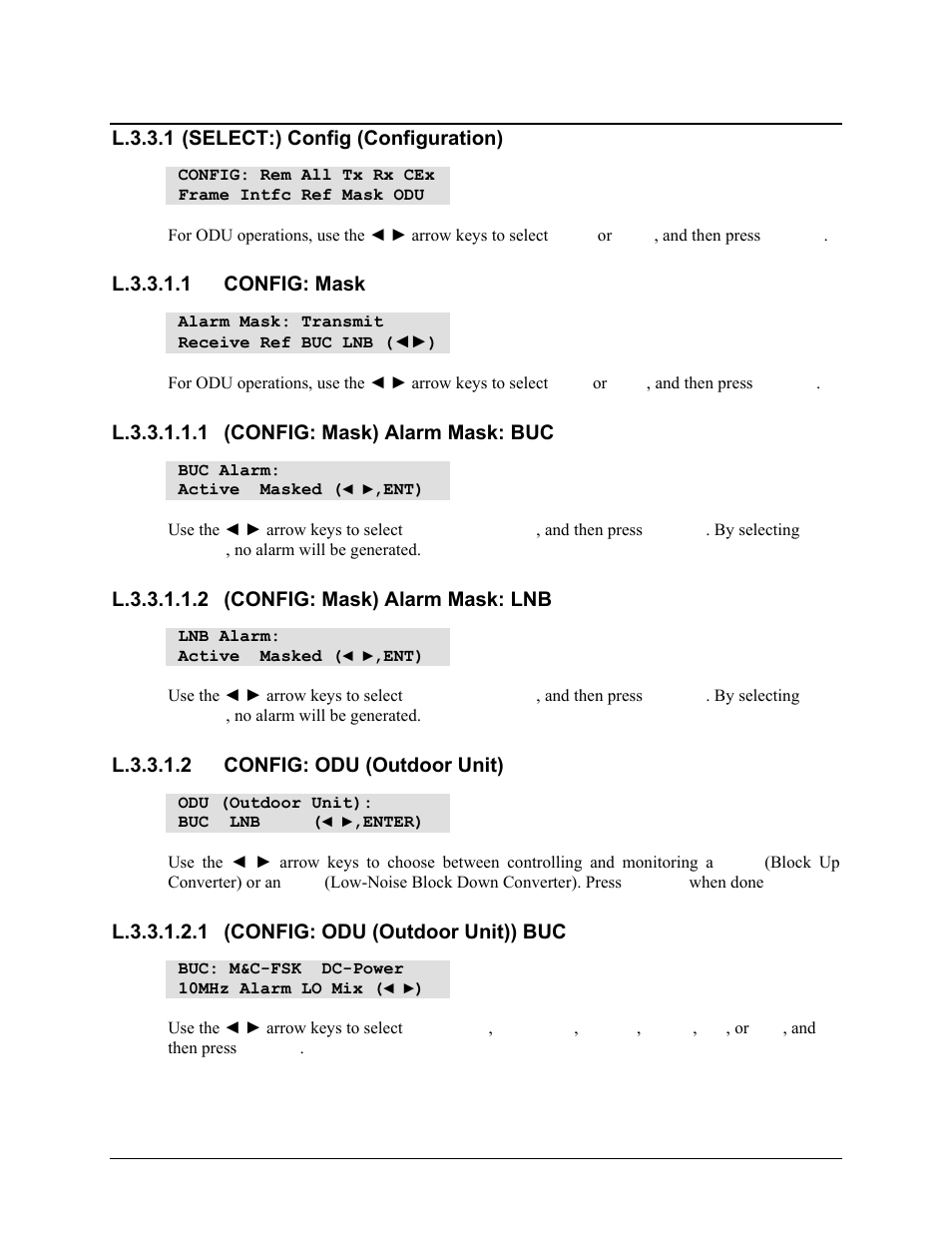 L.3.3.1 (select:) config (configuration), L.3.3.1.1 config: mask, L.3.3.1.1.1 (config: mask) alarm mask: buc | L.3.3.1.1.2 (config: mask) alarm mask: lnb, L.3.3.1.2 config: odu (outdoor unit), L.3.3.1.2.1 (config: odu (outdoor unit)) buc | Comtech EF Data CDM-570 User Manual | Page 497 / 512