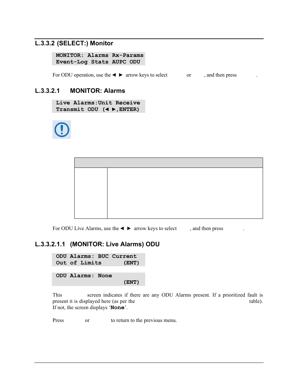 L.3.3.2 (select:) monitor, L.3.3.2.1 monitor: alarms, L.3.3.2.1.1 (monitor: live alarms) odu | Comtech EF Data CDM-570 User Manual | Page 502 / 512