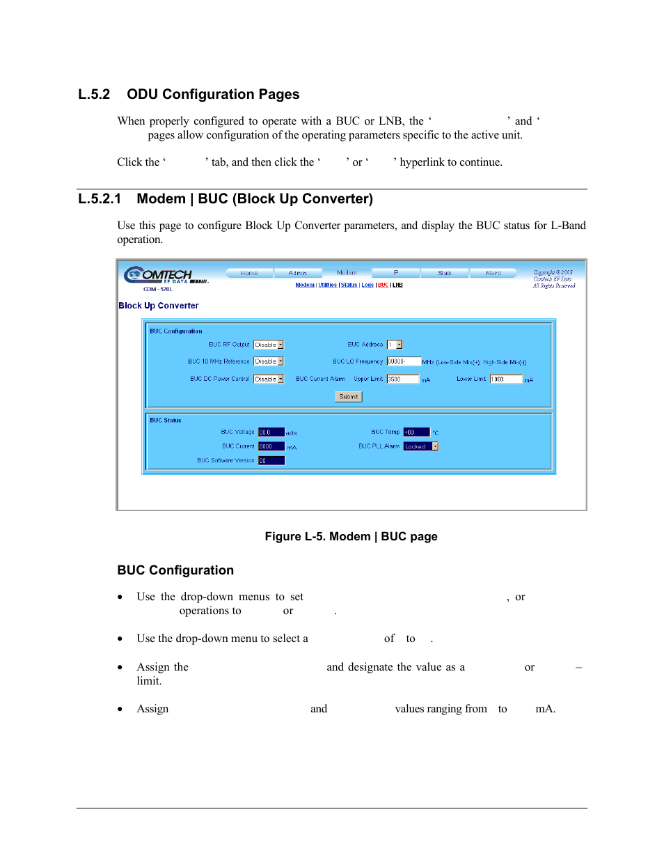 L.5.2.1 modem | buc (block up converter), L.5.2 odu configuration pages | Comtech EF Data CDM-570 User Manual | Page 508 / 512