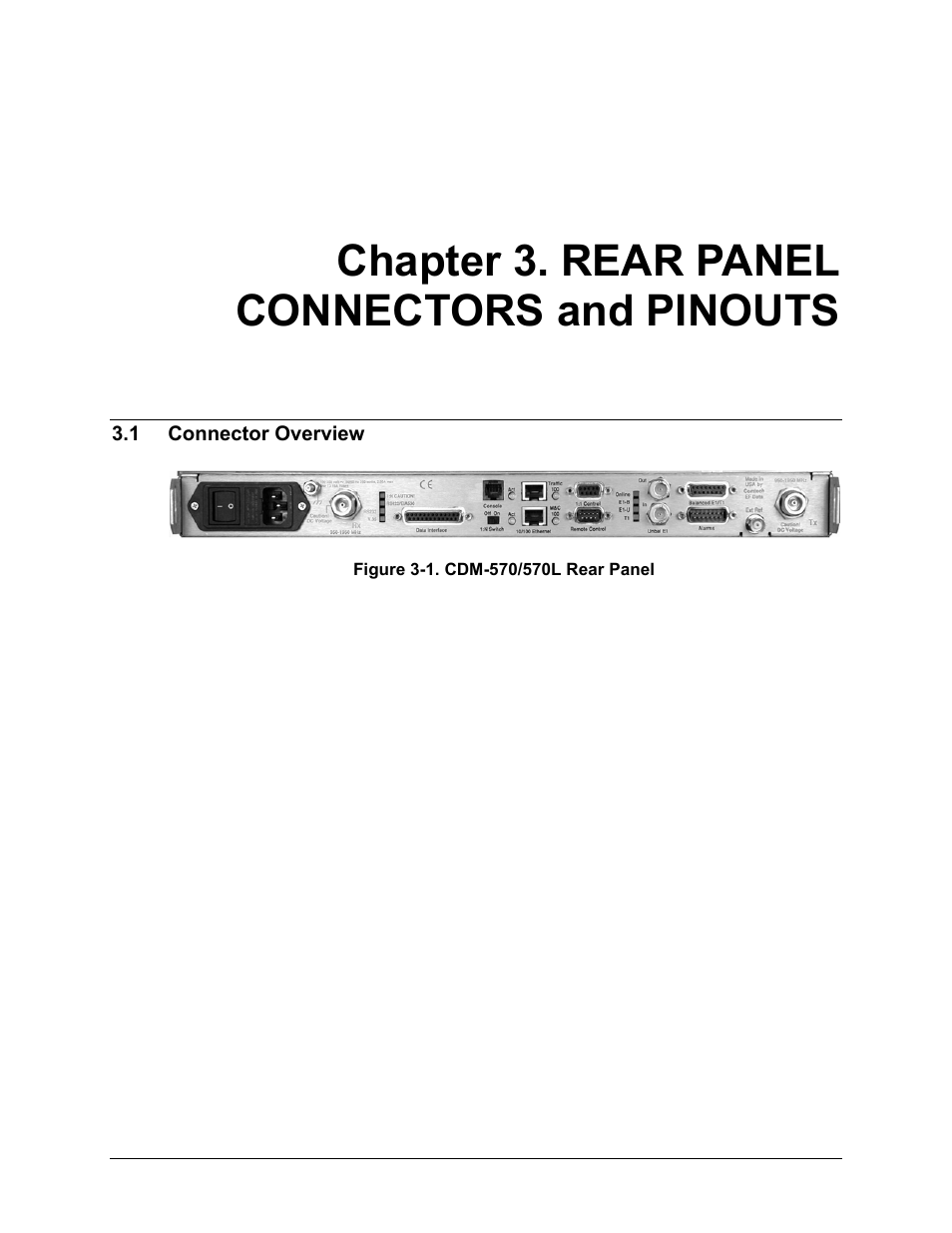 Chapter 3. rear panel connectors and pinouts, 1 connector overview | Comtech EF Data CDM-570 User Manual | Page 65 / 512