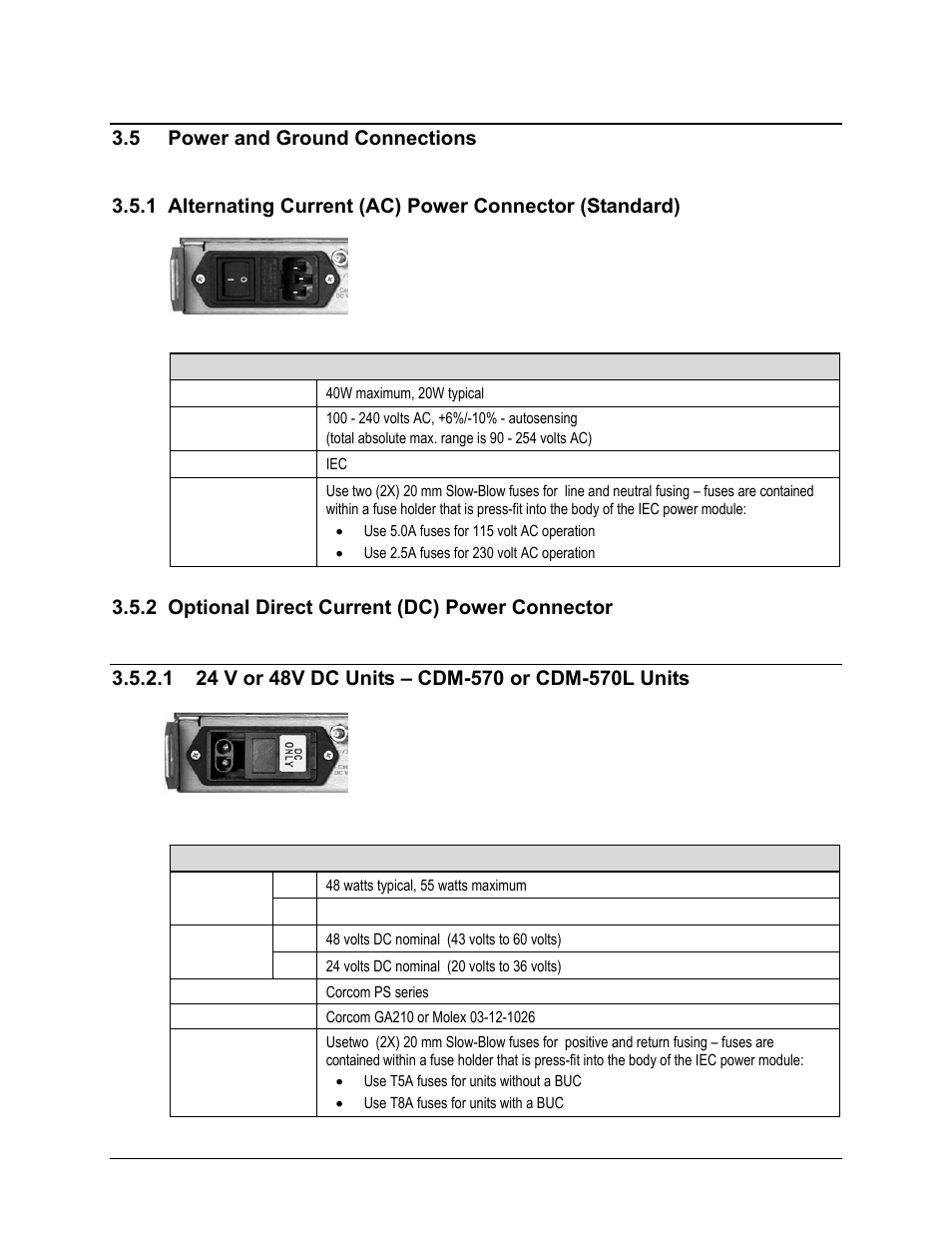 5 power and ground connections, 2 optional direct current (dc) power connector, 1 24 v or 48v dc units – cdm-570 or cdm-570l units | Comtech EF Data CDM-570 User Manual | Page 75 / 512