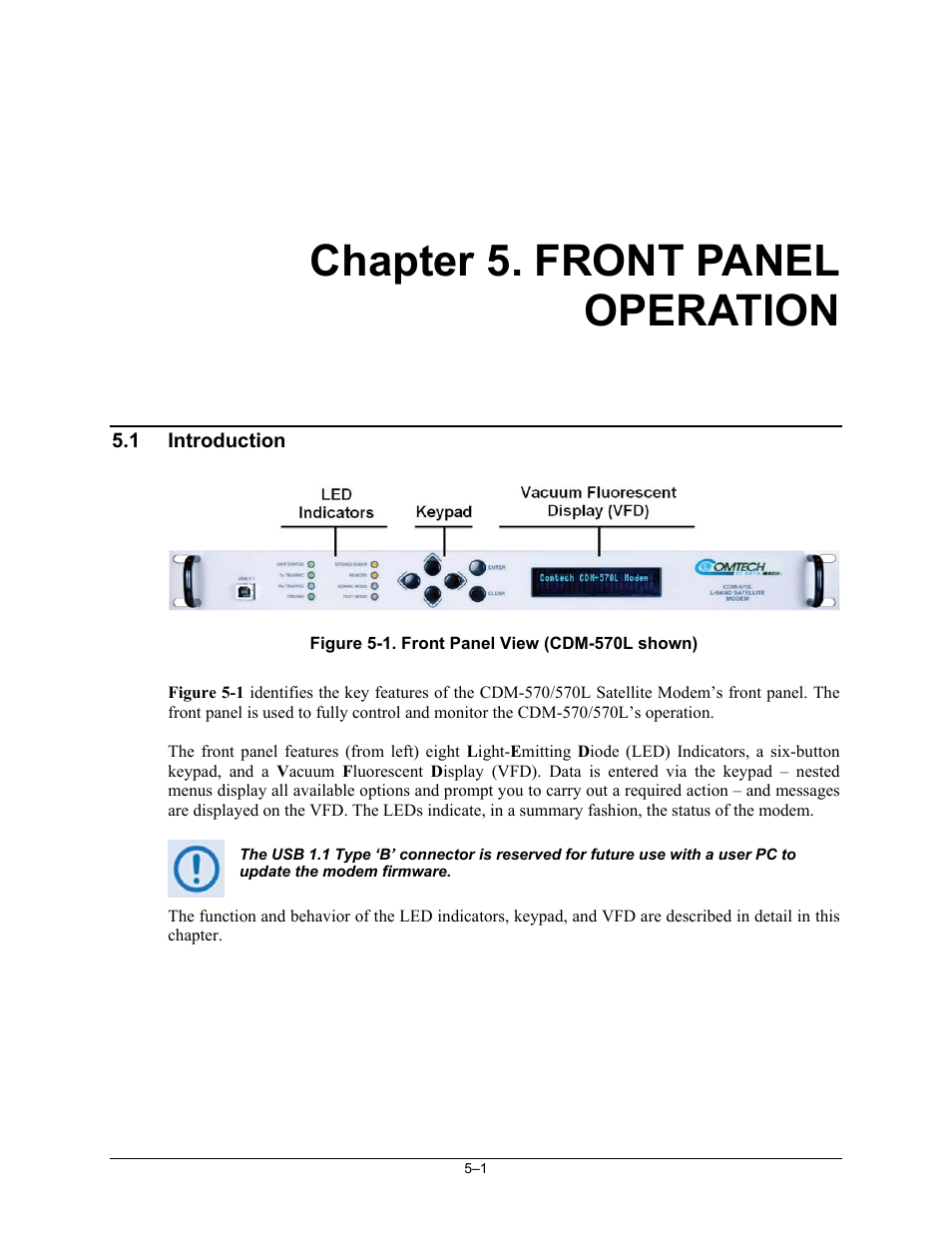 Chapter 5. front panel operation, 1 introduction | Comtech EF Data CDM-570 User Manual | Page 87 / 512