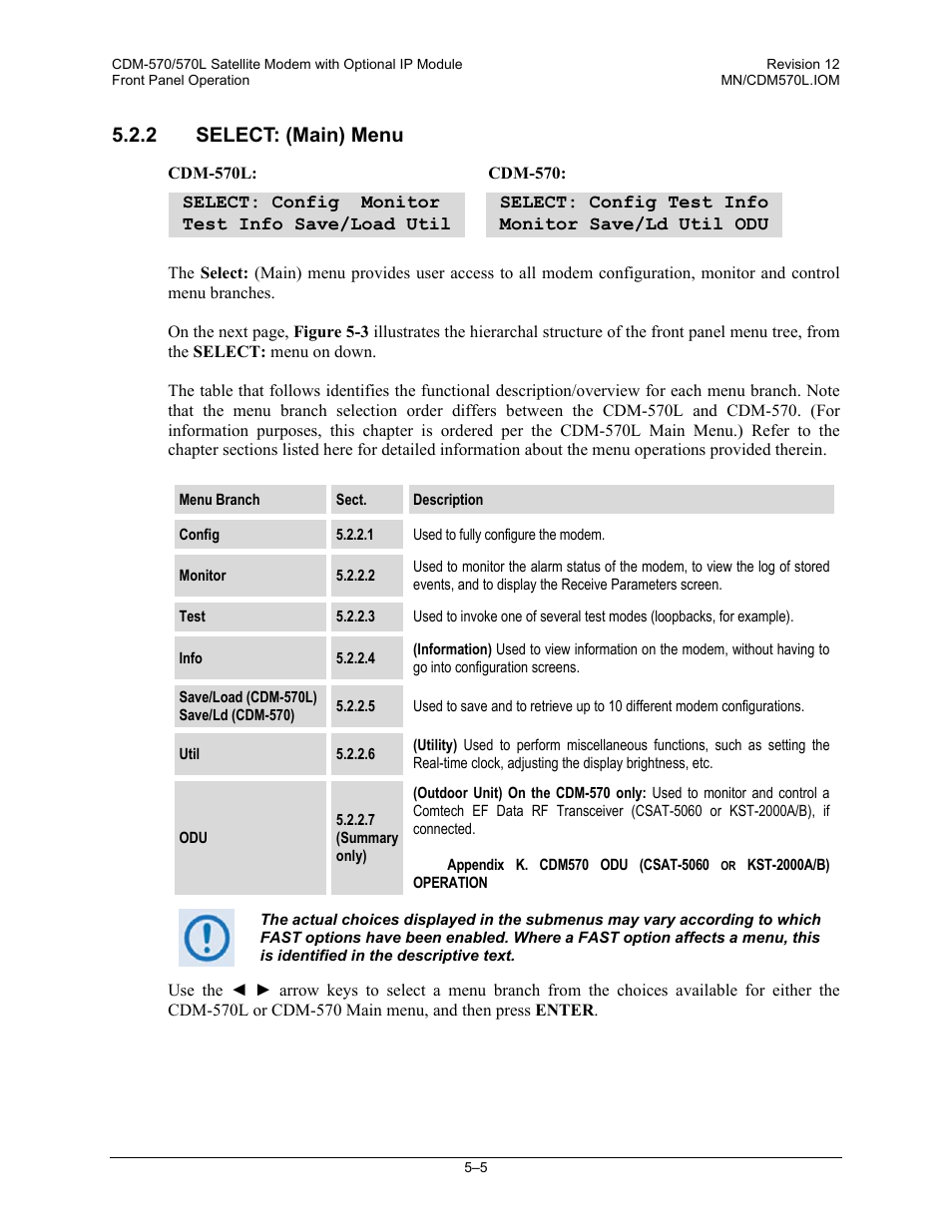 2 select: (main) menu | Comtech EF Data CDM-570 User Manual | Page 91 / 512