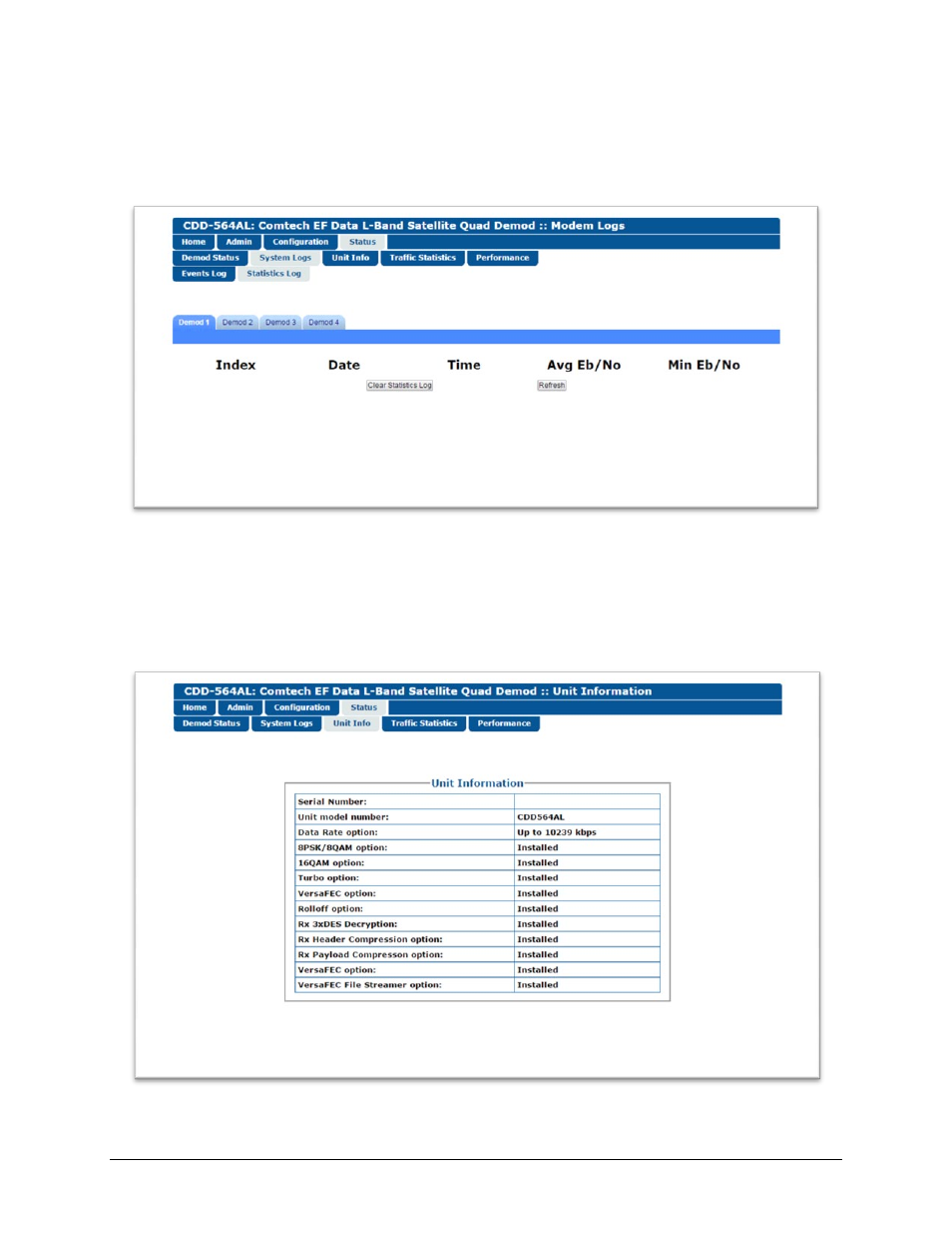 3 status | system logs | statistics log, 4 status | unit info | Comtech EF Data CDD-562AL User Manual | Page 203 / 240