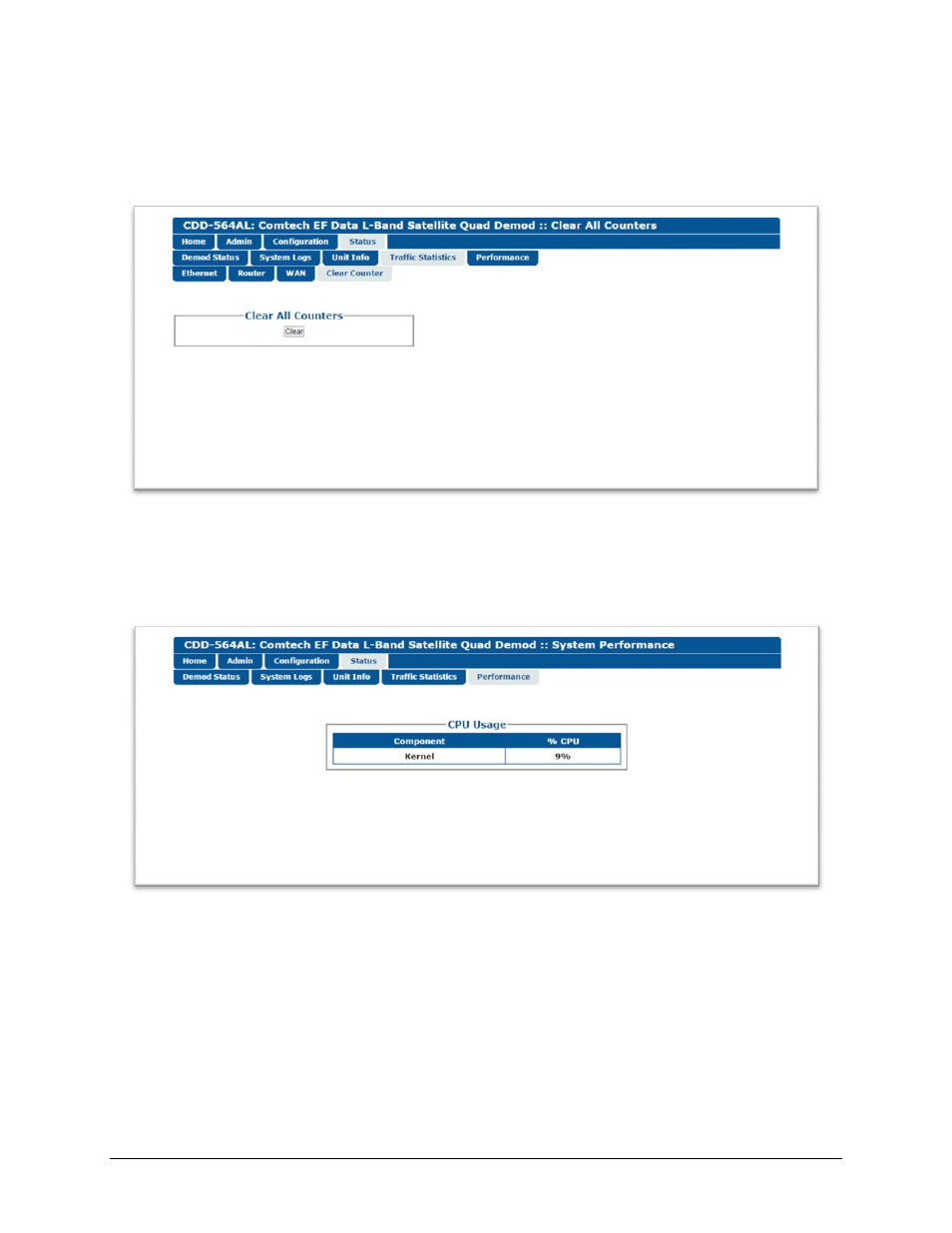 8 status | traffic statistics | clear counter, 9 status | performance | Comtech EF Data CDD-562AL User Manual | Page 207 / 240