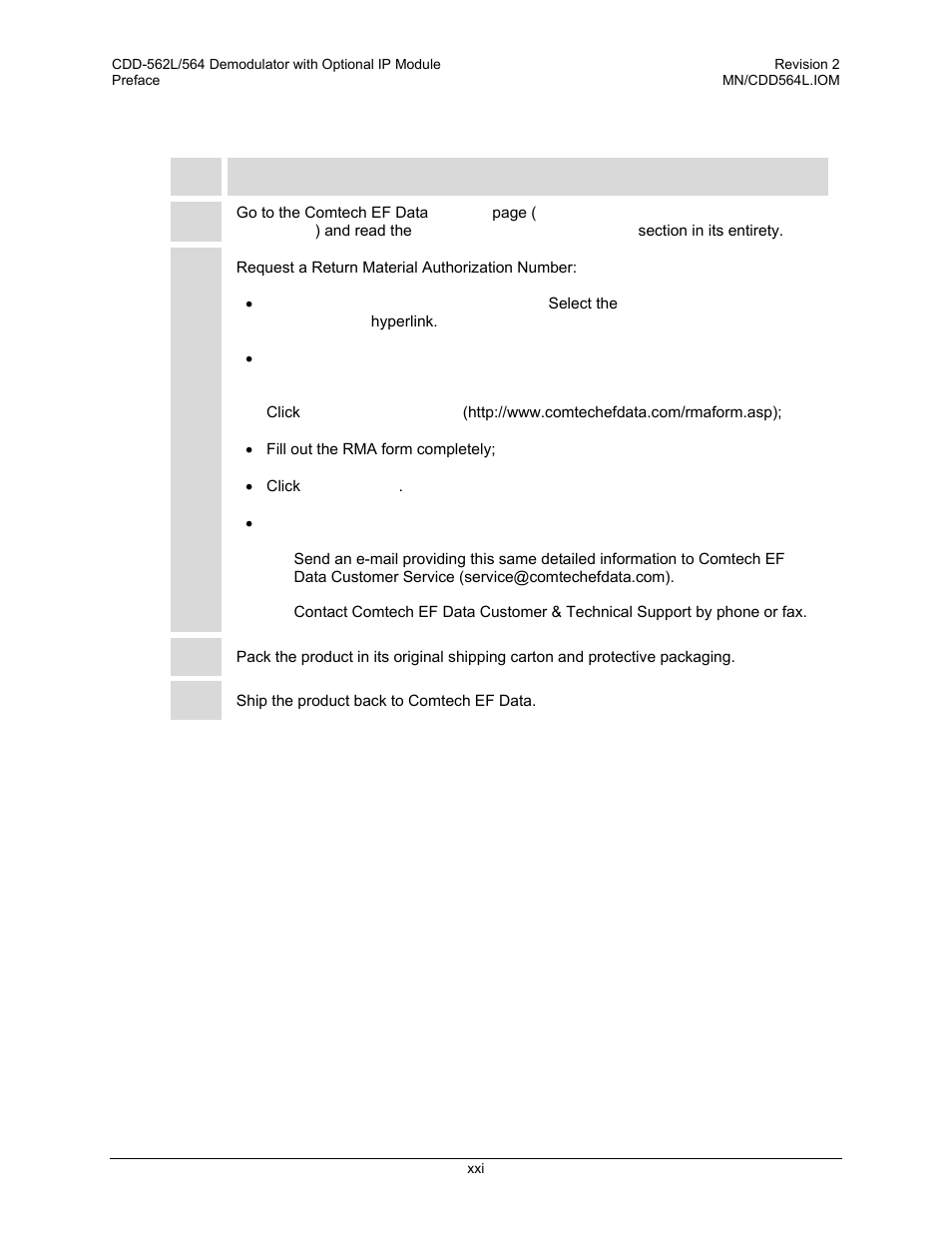 Returning a product for upgrade or repair | Comtech EF Data CDD-562L User Manual | Page 23 / 254