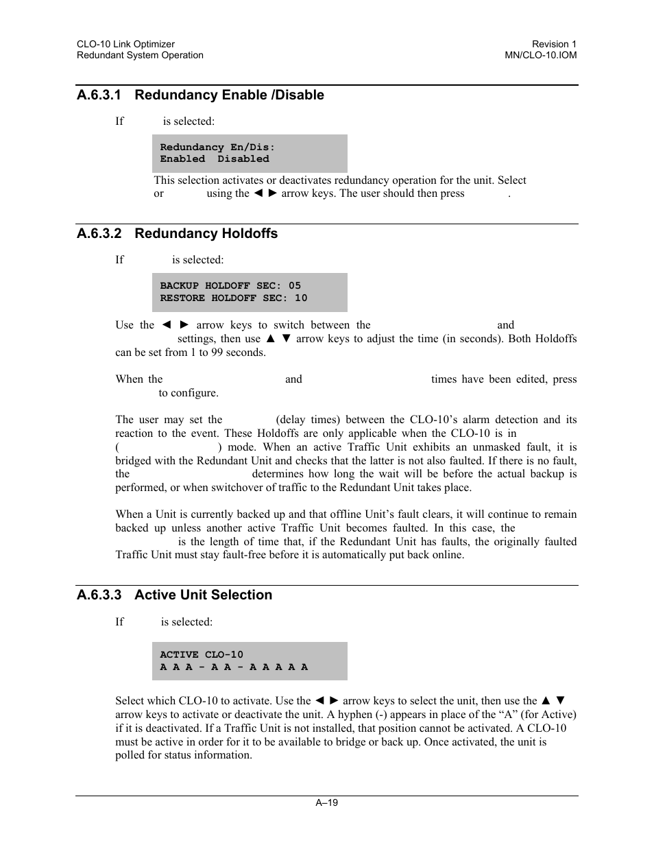 A.6.3.1 redundancy enable /disable, A.6.3.2 redundancy holdoffs, A.6.3.3 active unit selection | Comtech EF Data CLO-10 User Manual | Page 103 / 134