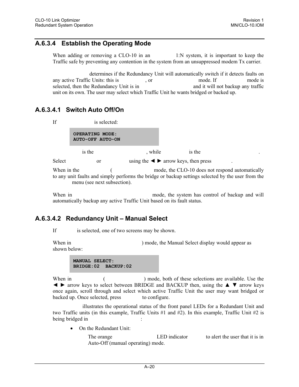 A.6.3.4 establish the operating mode, A.6.3.4.1 switch auto off/on, A.6.3.4.2 redundancy unit – manual select | Comtech EF Data CLO-10 User Manual | Page 104 / 134