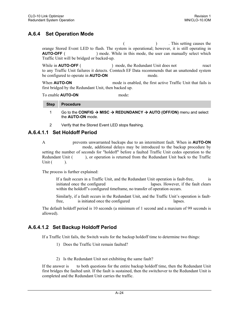 A.6.4 set operation mode, A.6.4.1.1 set holdoff period, A.6.4.1.2 set backup holdoff period | Comtech EF Data CLO-10 User Manual | Page 108 / 134