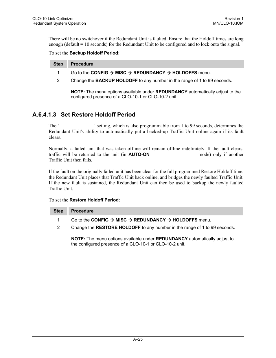 A.6.4.1.3 set restore holdoff period | Comtech EF Data CLO-10 User Manual | Page 109 / 134