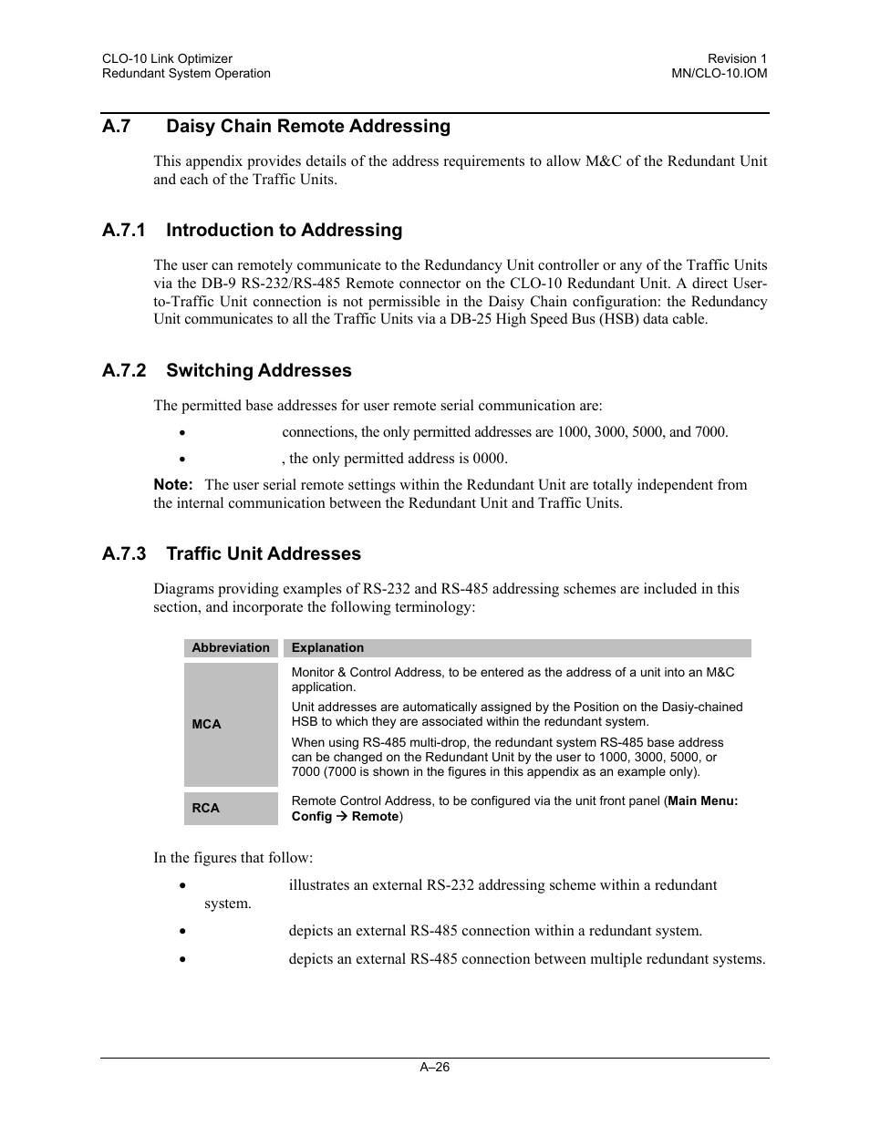 A.7 daisy chain remote addressing, A.7.1 introduction to addressing, A.7.2 switching addresses | A.7.3 traffic unit addresses | Comtech EF Data CLO-10 User Manual | Page 110 / 134