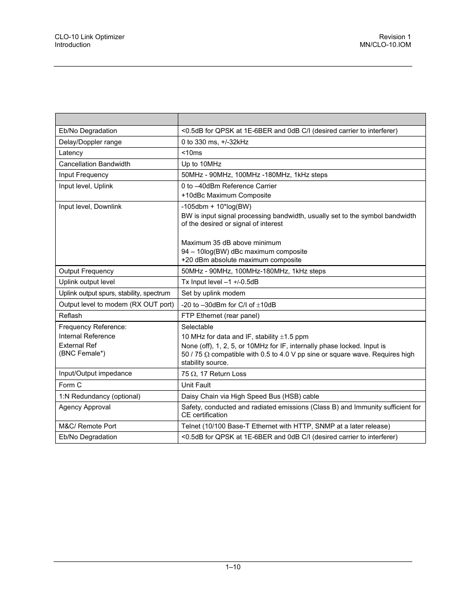 8 summary of specifications, 1 system specifications | Comtech EF Data CLO-10 User Manual | Page 36 / 134