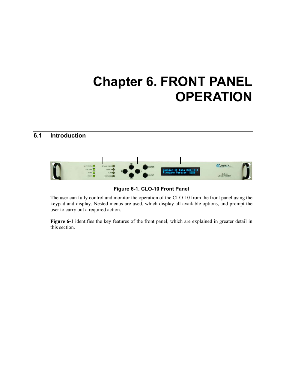 Chapter 6. front panel operation, 1 introduction | Comtech EF Data CLO-10 User Manual | Page 57 / 134