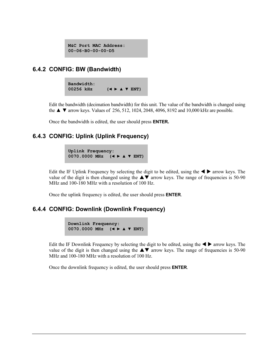 2 config: bw (bandwidth), 3 config: uplink (uplink frequency), 4 config: downlink (downlink frequency) | Comtech EF Data CLO-10 User Manual | Page 66 / 134