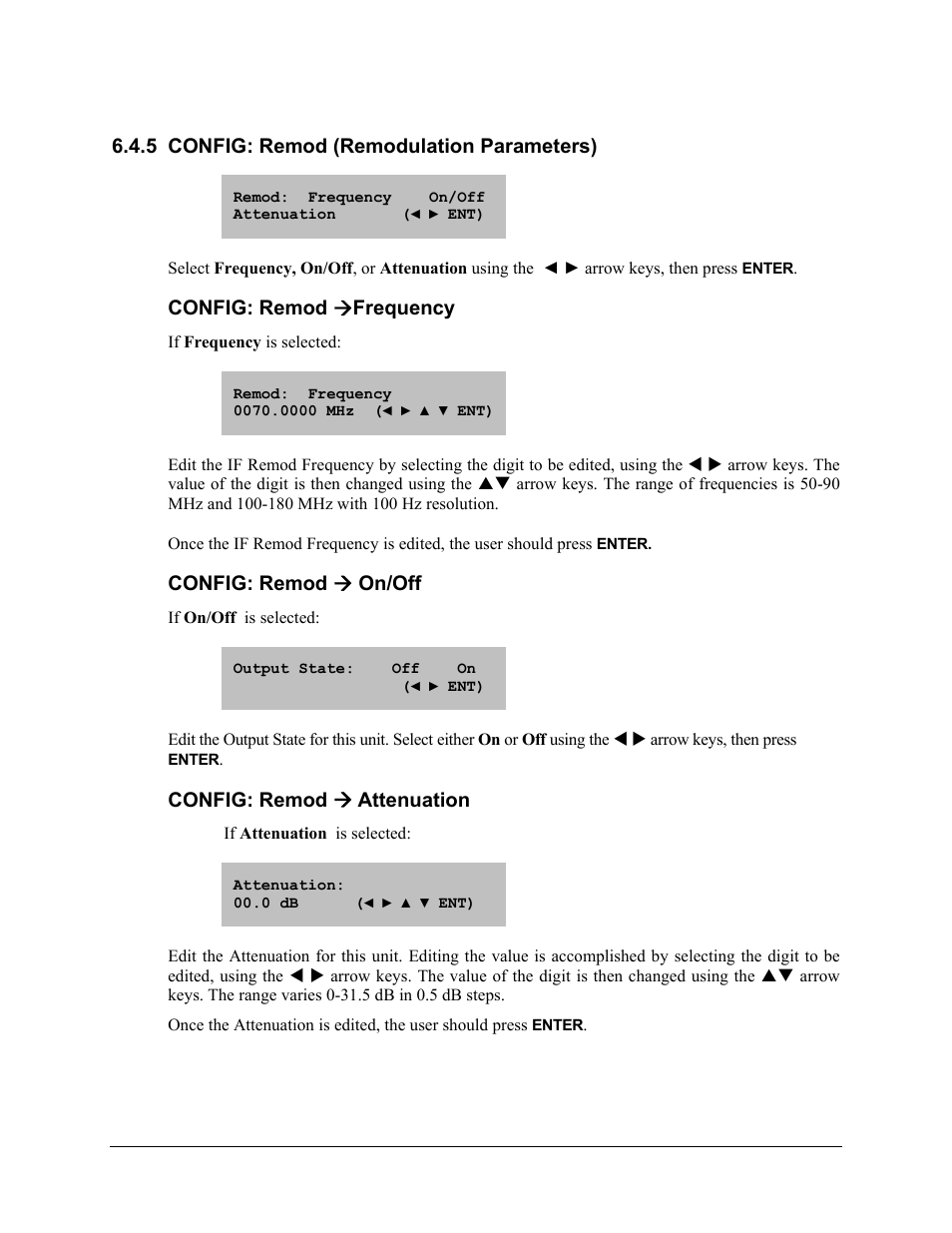 5 config: remod (remodulation parameters), Config: remod (frequency, Config: remod ( on/off | Config: remod ( attenuation, Config: remod æ frequency, Config: remod æ on/off, Config: remod æ attenuation | Comtech EF Data CLO-10 User Manual | Page 67 / 134