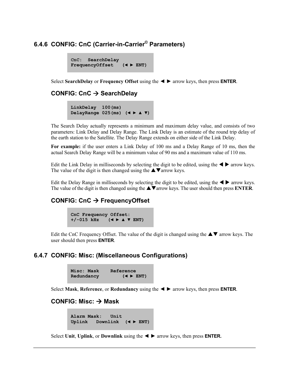 6 config: cnc (carrier-in-carrier© parameters), Config: cnc ( searchdelay, Config: cnc ( frequencyoffset | 7 config: misc: (miscellaneous configurations), Config: misc: ( mask, 6 config: cnc (carrier-in-carrier, Parameters), Config: cnc æ searchdelay, Config: cnc æ frequencyoffset, Config: misc: æ mask | Comtech EF Data CLO-10 User Manual | Page 68 / 134