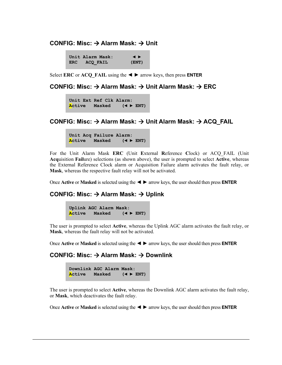 Config: misc: ( alarm mask: ( unit, Config: misc: ( alarm mask: ( uplink, Config: misc: ( alarm mask: ( downlink | Config: misc: æ alarm mask: æ unit, Config: misc: æ alarm mask: æ uplink, Config: misc: æ alarm mask: æ downlink | Comtech EF Data CLO-10 User Manual | Page 69 / 134