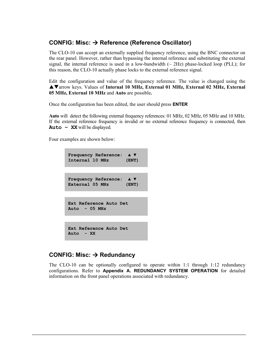 Config: misc: ( reference (reference oscillator), Config: misc: ( redundancy, Config: misc: æ reference (reference oscillator) | Config: misc: æ redundancy | Comtech EF Data CLO-10 User Manual | Page 70 / 134