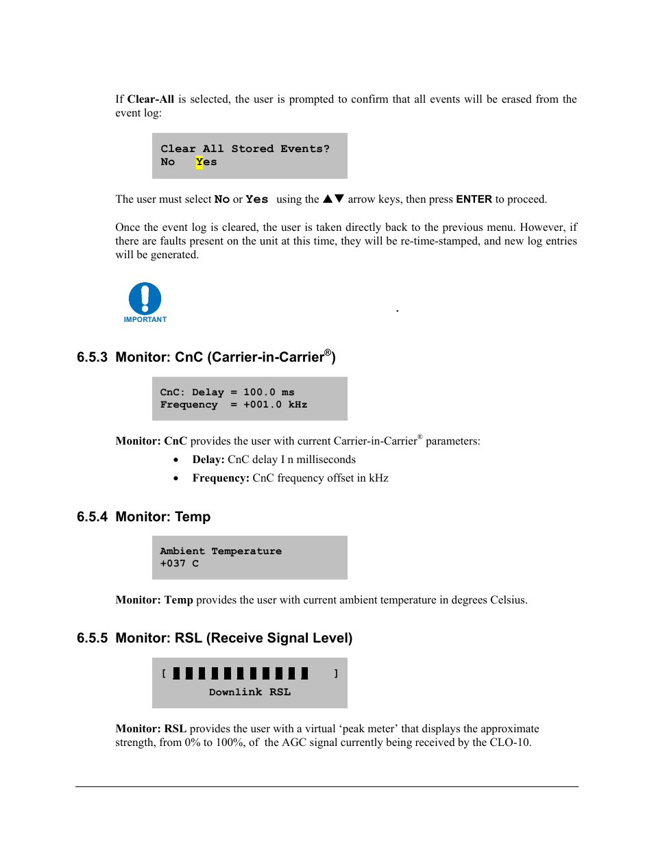 3 monitor: cnc (carrier-in-carrier®), 4 monitor: temp, 5 monitor: rsl (receive signal level) | 3 monitor: cnc (carrier-in-carrier | Comtech EF Data CLO-10 User Manual | Page 74 / 134