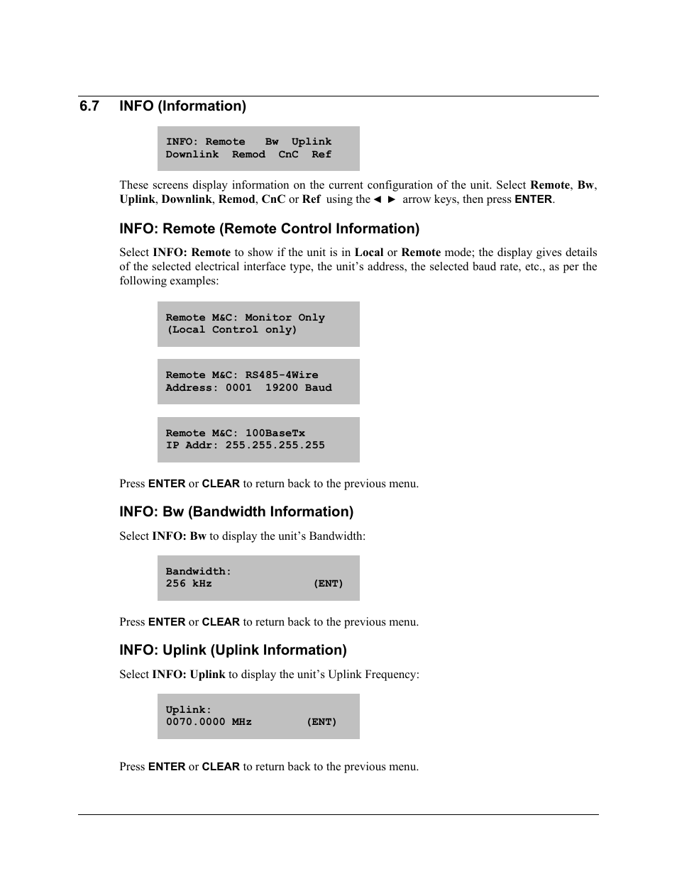 7 info (information), Info: remote (remote control information), Info: bw (bandwidth information) | Info: uplink (uplink information) | Comtech EF Data CLO-10 User Manual | Page 76 / 134