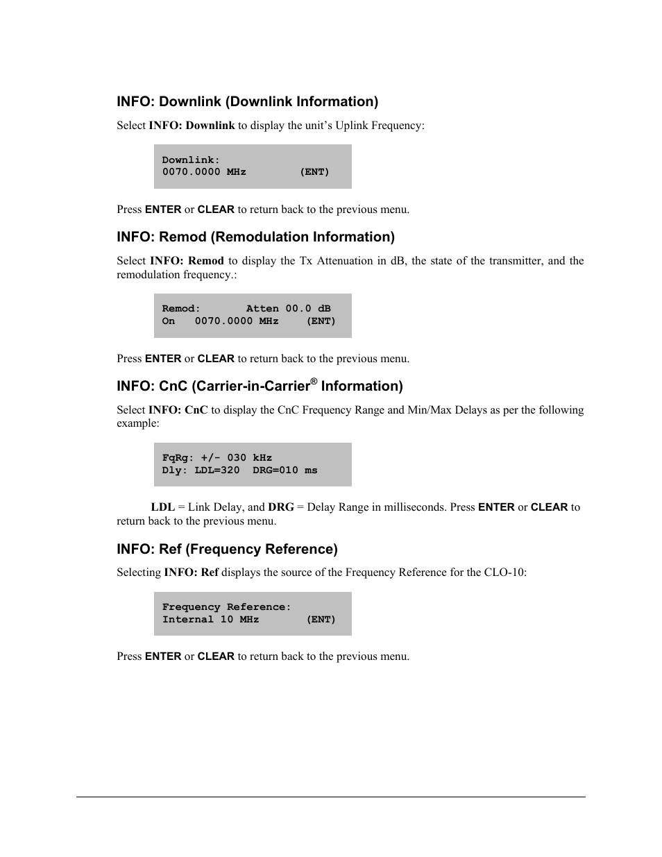 Info: downlink (downlink information), Info: remod (remodulation information), Info: cnc (carrier-in-carrier® information) | Info: ref (frequency reference), Info: cnc (carrier-in-carrier, Information) | Comtech EF Data CLO-10 User Manual | Page 77 / 134