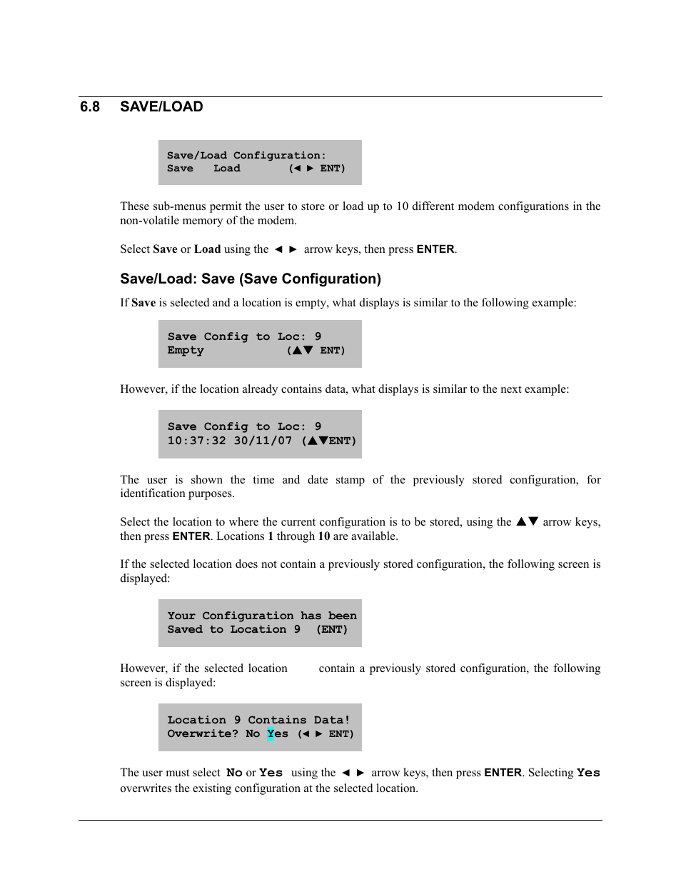 8 save/load, Save/load: save (save configuration) | Comtech EF Data CLO-10 User Manual | Page 78 / 134