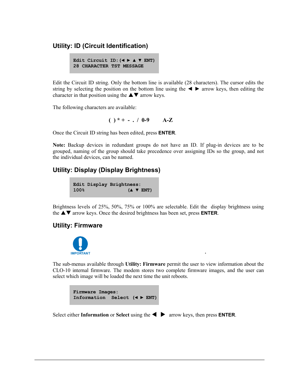 Utility: id (circuit identification), Utility: display (display brightness), Utility: firmware | Comtech EF Data CLO-10 User Manual | Page 81 / 134
