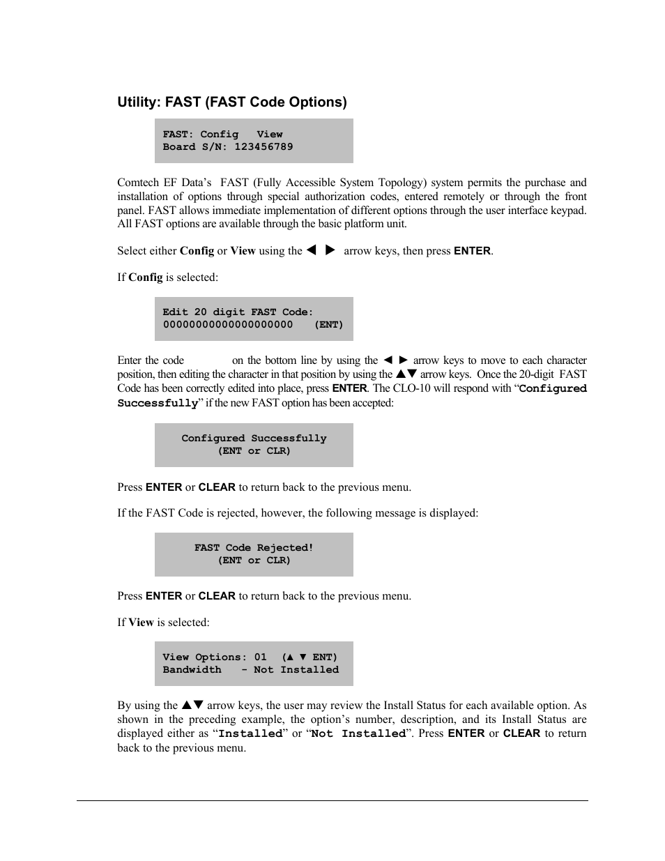 Utility: fast (fast code options) | Comtech EF Data CLO-10 User Manual | Page 83 / 134