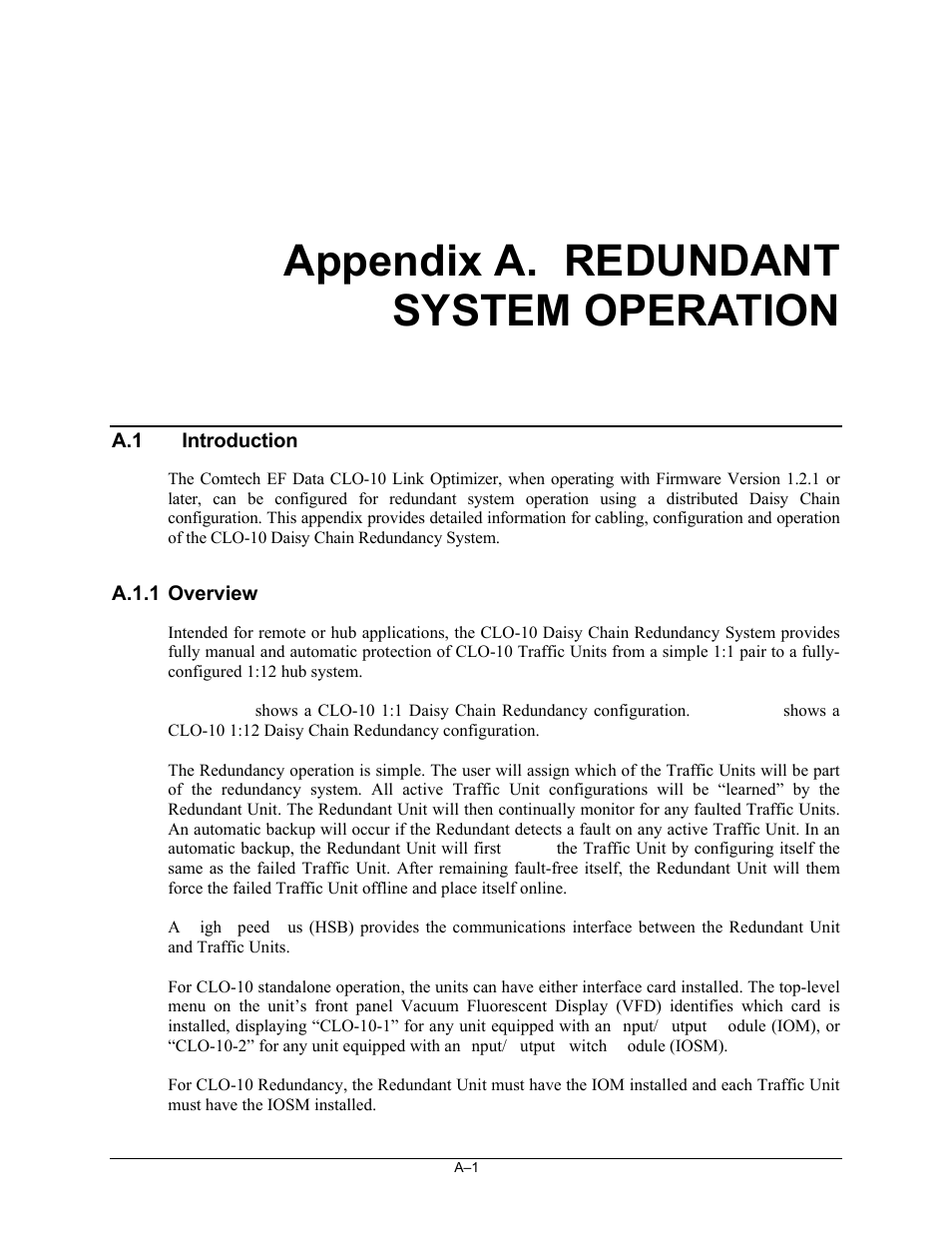 Appendix a. redundant system operation, A.1 introduction, A.1.1 overview | Comtech EF Data CLO-10 User Manual | Page 85 / 134