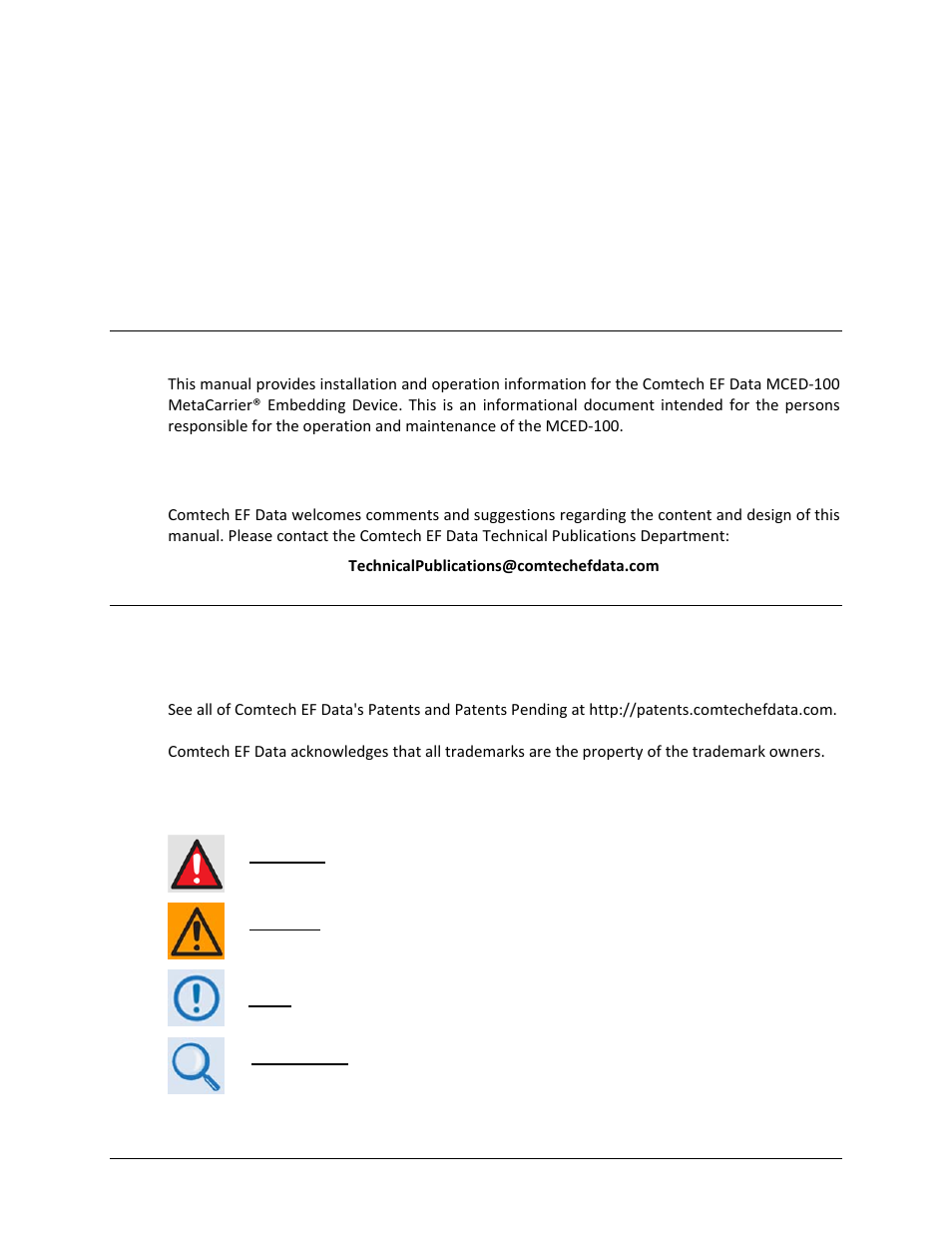 Preface, About this manual, Conventions and references | Patents and trademarks, Warnings, cautions, and notes | Comtech EF Data MCED-100 User Manual | Page 11 / 96