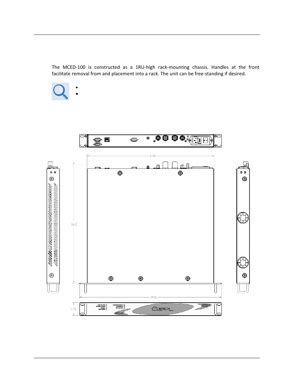 3 mced-100 features, 1 physical description, 2 dimensional envelope | Comtech EF Data MCED-100 User Manual | Page 24 / 96